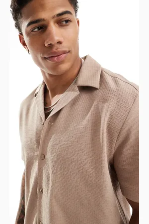 River Island Revere collar seersucker shirt in stone