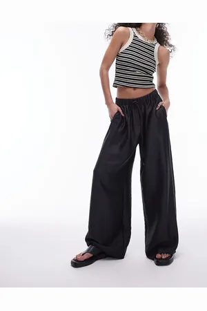 Topshop Textured satin straight leg drawcord trouser in black
