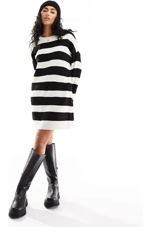 Pieces® Knitted jumper mini dress in black & white stripe