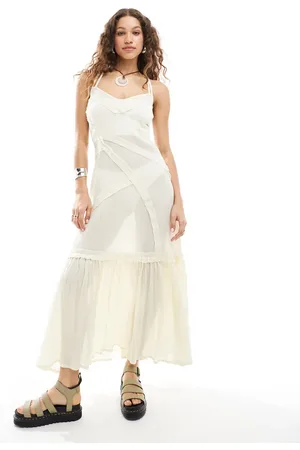 COLLUSION Beach maxi woven beach dress with seams in natural - STONE