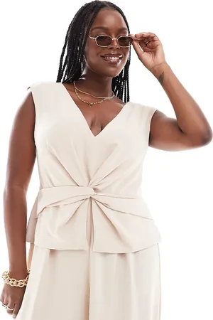 ASOS ASOS DESIGN Curve v neck wrap waistcoat jumpsuit in oatmeal