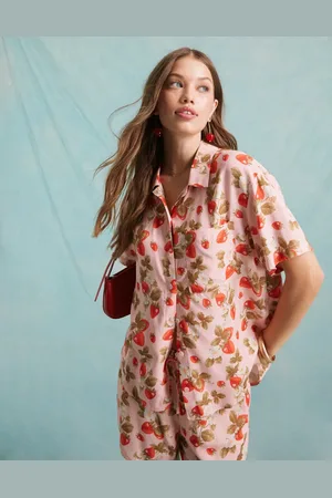 Miss Selfridge Linen look short sleeve resort shirt co ord in strawberry print
