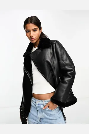 Pieces® Faux fur trim aviator jacket in faux leather