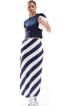 ASOS ASOS DESIGN Tall satin bias midi skirt in navy stripe