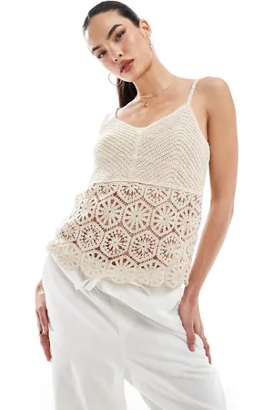 VILA Crochet mix cami top in beige