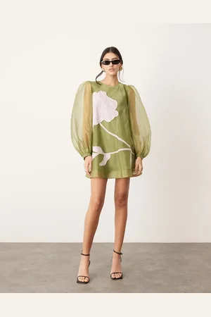 ASOS Applique floral volume sleeve A-line mini dress in khaki