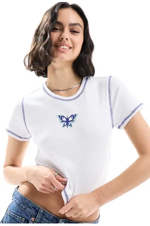 Pieces® Contrast stitch baby tee with butterfly print in & navy