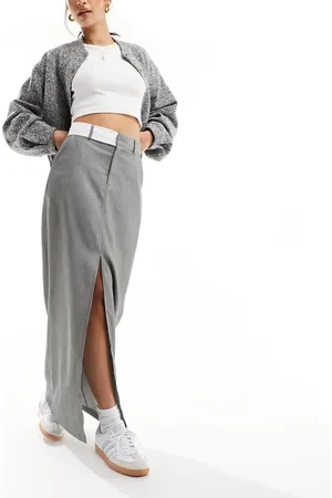 In The Style Tailored contrast waistband split front maxi skirt in