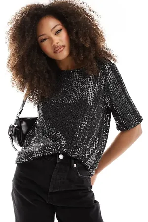JDY Exclusive sequin long t-shirt in silver &