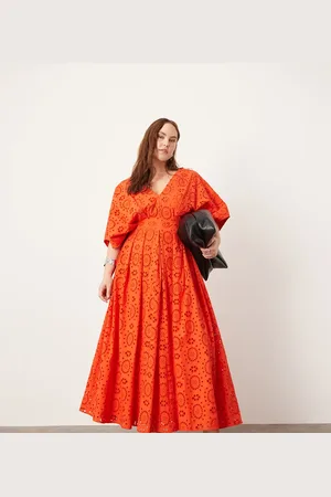 ASOS Curve broderie wide sleeve plunge midi dress in red