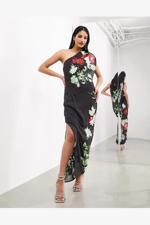 ASOS Floral embroidered draped one shoulder maxi dress with split in dark grey