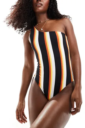 Threadbare Reversible one shoulder swimsuit in solid black & orange stripe