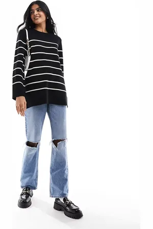 SELECTED Femme crewneck longline knitted jumper in with white stripes