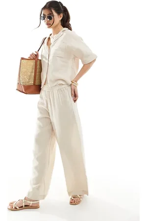 ONLY Linen mix wide leg trouser co-ord in beige