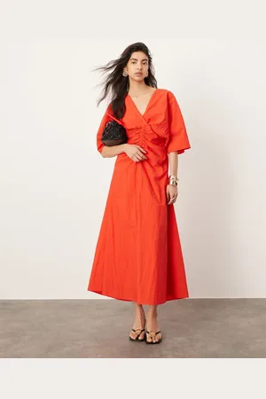 ASOS Textured wide sleeve midi dress with ruched waist in