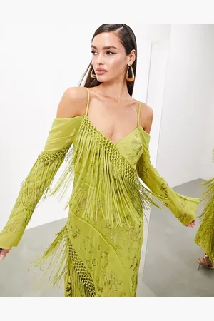 ASOS Floral embroidered long sleeve bias cut maxi dress with fringe in olive