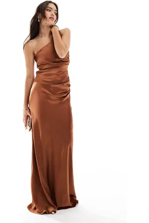 Six Stories Bridesmaid satin one shoulder maxi dress in rust