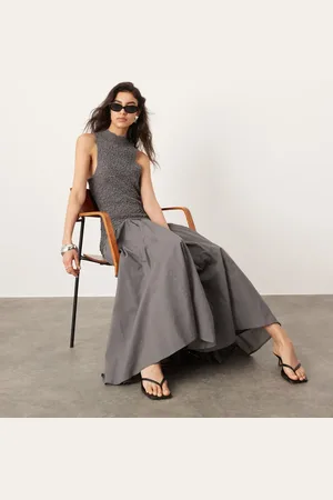 ASOS Cotton shirred high neck midi dress with drop waist in charcoal