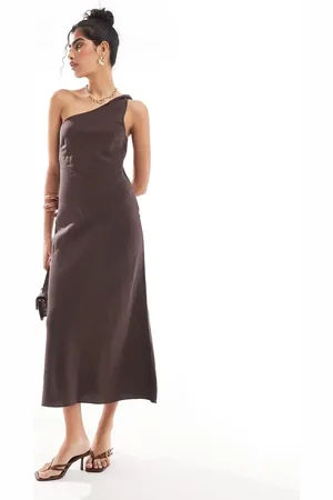 & OTHER STORIES One shoulder linen midi dress with twisted strap detail in dark