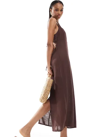 ASOS ASOS DESIGN Tall square neck tie back linen midi sundress in chocolate