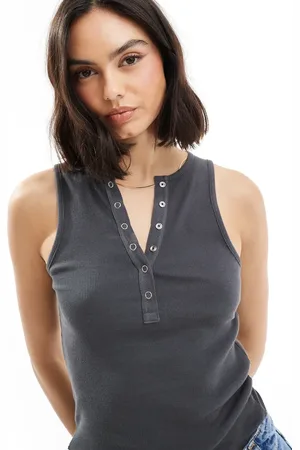 Miss Selfridge Sleeveless popper top in charcoal