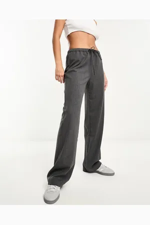Pull&Bear Tie waist straight leg trouser in dark