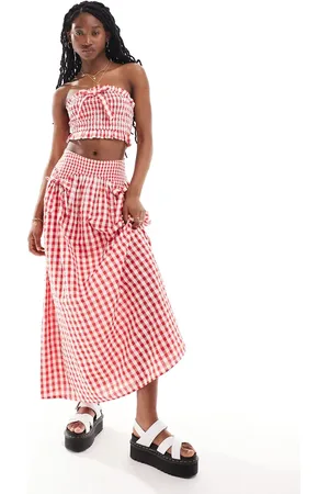 Neon Rose Bow detail gingham midaxi skirt co-ord in