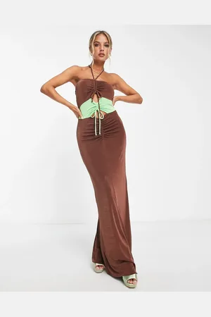 Topshop Slinky cut out colour block halter maxi dress in chocolate