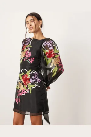 ASOS Organza long sleeve embroidered tie back mini dress in