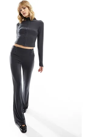 COLLUSION Ruched waist eyelet trim 00s flare in grey