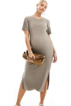 Mama;licious Mamalicious Maternity short sleeved plisse midi dress in taupe