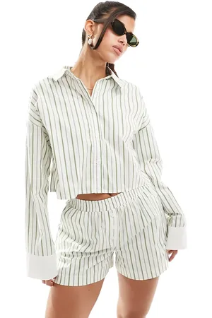 Kaiia Cropped shirt co-ord in white and green stripe