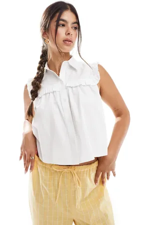 Miss Selfridge Poplin sleeveless ruffle shirt in