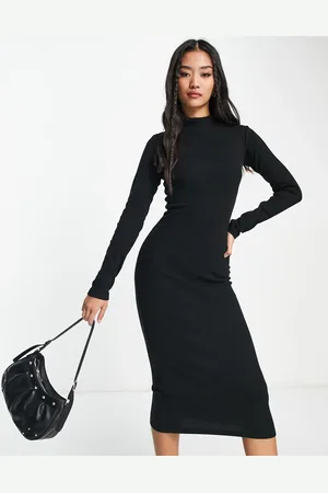 Pull&Bear Funnel neck long sleeve jersey midi dress in
