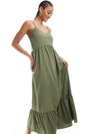 Pieces® Frill bottom maxi dress in khaki