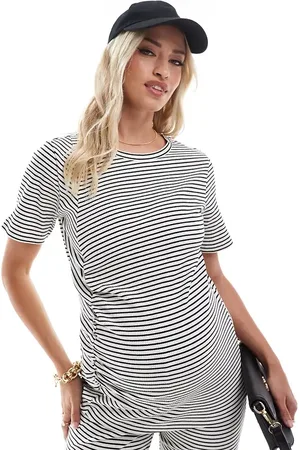Mama;licious Mamalicious maternity ribbed ruched front short sleeve top co-ord in stripe