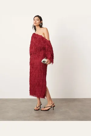 ASOS Fringe slouchy off shoulder maxi dress in red