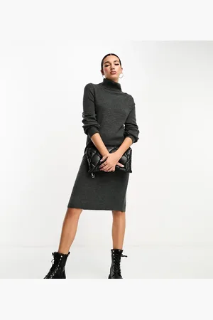 ONLY Roll neck puff sleeve knitted midi jumper dress in charcoal