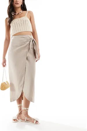 MANGO Wrap front linen skirt in beige