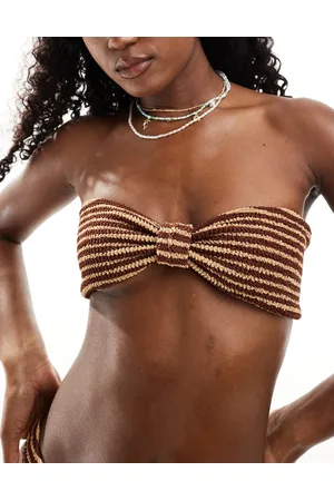 Miss Selfridge Crinkle stripe knot front bandeau bikini top in neutral stripe