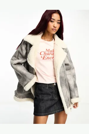 ASOS Cracked faux leather bonded borg aviator jacket in charcoal