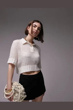 Topshop Knitted sheer polo shirt in ivory