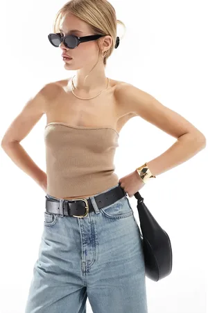 Miss Selfridge Compact knit rib bandeau top in taupe