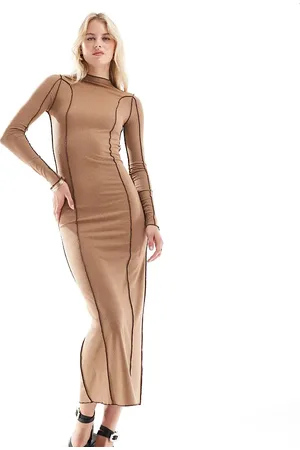 VERO MODA Long sleeve jersey maxi dress with contrast stiching in brown
