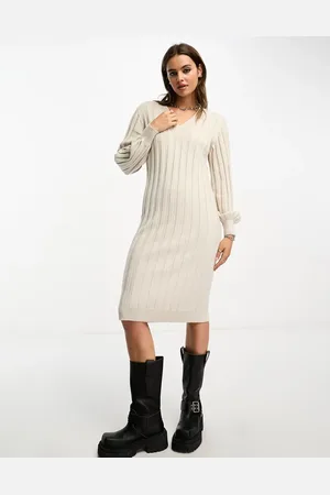 Object V neck knitted ribbed jumper dress in soft stone