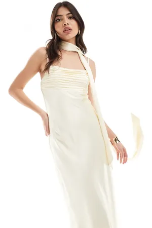 Forever New Satin slip midaxi dress with neck tie in butter bean