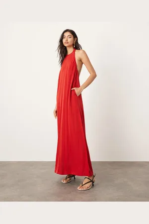 ASOS Soft low back halterneck maxi dress with pockets in red
