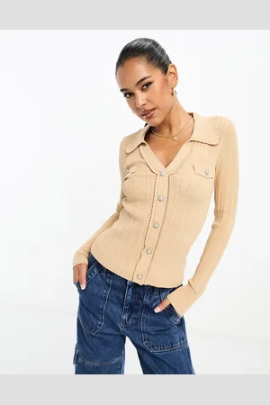 River Island Scallop ribbed polo top in light