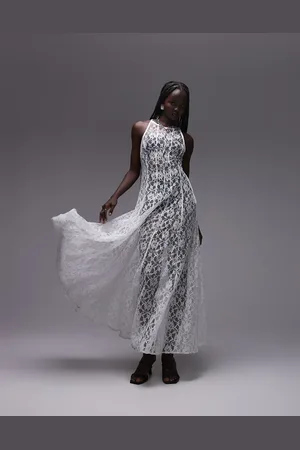 Topshop Sheer lace volume hem midi dress in