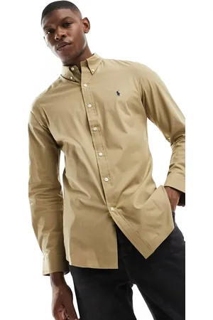 Ralph Lauren Icon logo slim fit stretch poplin shirt in tan